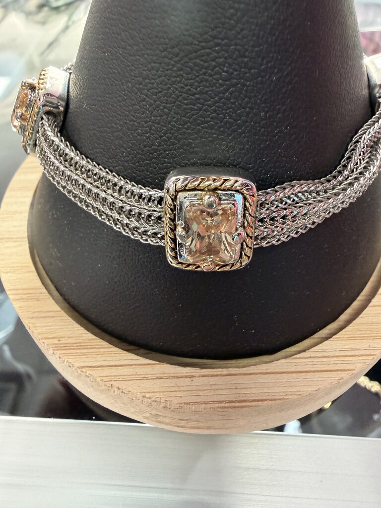 Silver & Gold Tone Multi Row Chain Bracelet with Square Zirconia Accents with Flip Top Closure