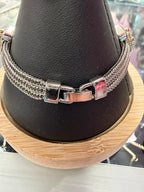 Silver & Gold Tone Multi Row Chain Bracelet with Square Zirconia Accents with Flip Top Closure