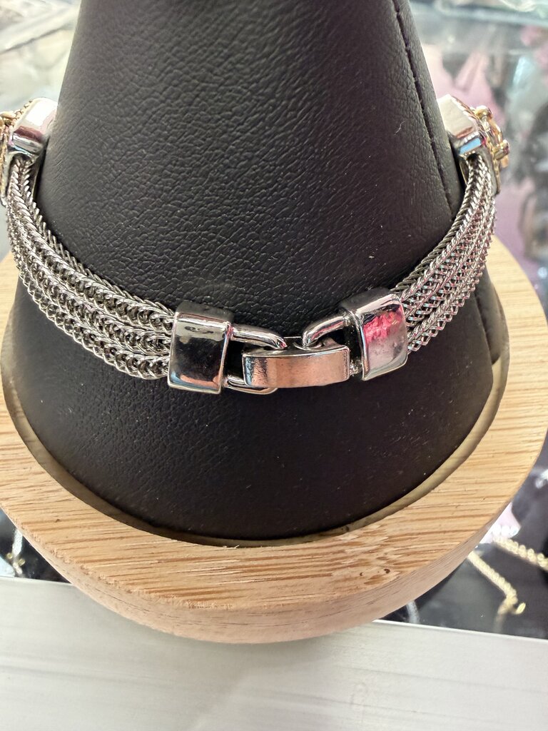 Silver & Gold Tone Multi Row Chain Bracelet with Square Zirconia Accents with Flip Top Closure