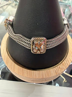 Silver & Gold Tone Multi Row Chain Bracelet with Square Zirconia Accents with Flip Top Closure