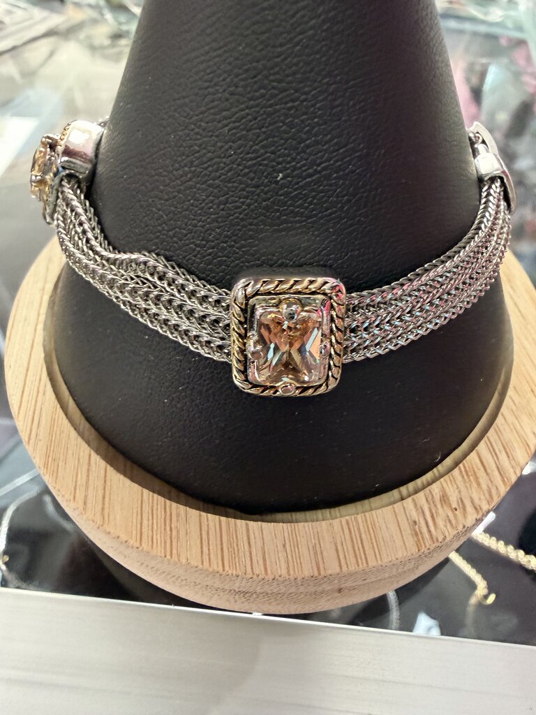 Silver & Gold Tone Multi Row Chain Bracelet with Square Zirconia Accents with Flip Top Closure