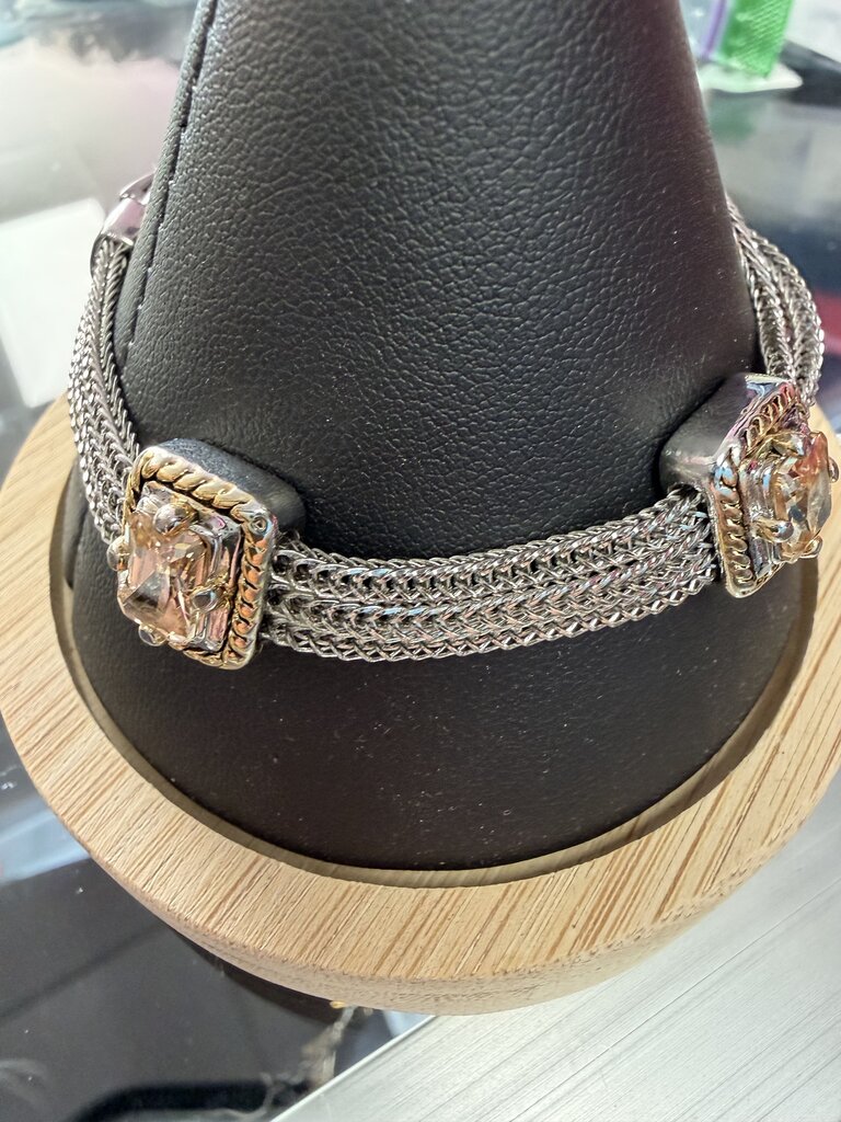 Silver & Gold Tone Multi Row Chain Bracelet with Square Zirconia Accents with Flip Top Closure