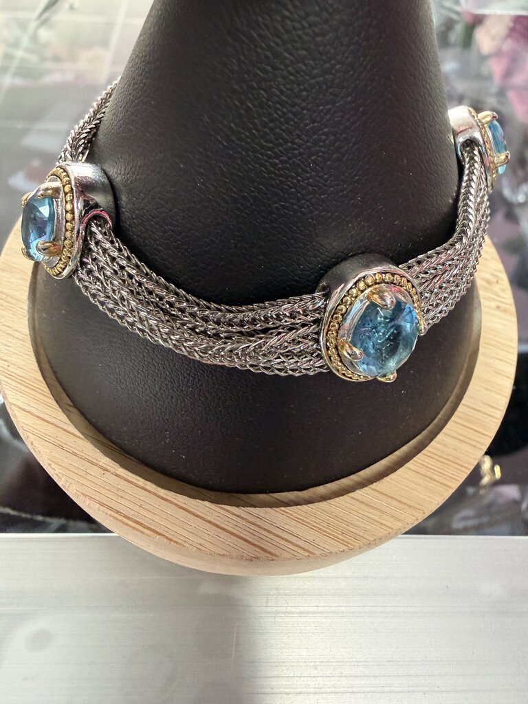Silver & Gold Tone Multi Row Chain Bracelet With Fashion Topaz Gemstone