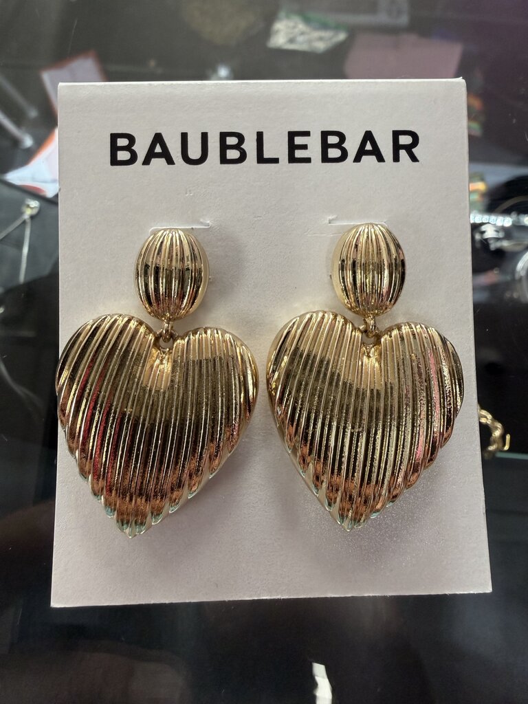 Gold Tone BaubleBar Statement Drop Earrings Featuring Ribbed Heart Charms