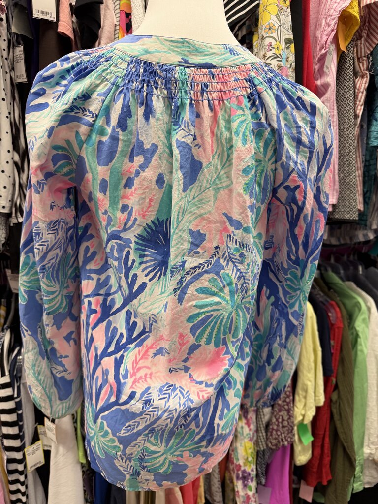 XXS Lilly Pulitzer L/S Elsa Silk Top Multi-Colored Floral Print Smocked Neck