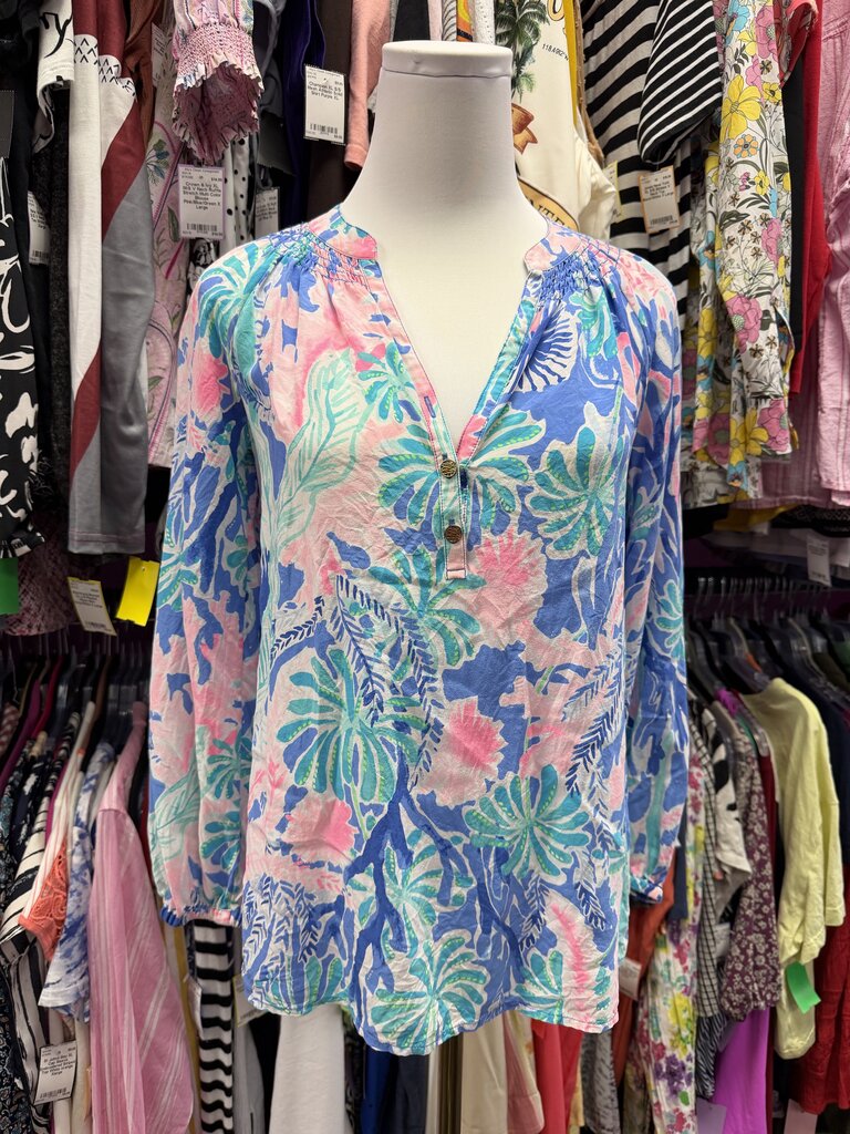 XXS Lilly Pulitzer L/S Elsa Silk Top Multi-Colored Floral Print Smocked Neck