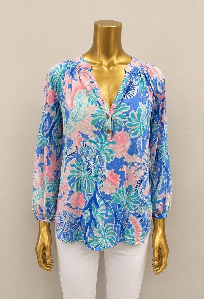 XXS Lilly Pulitzer L/S Elsa Silk Top Multi-Colored Floral Print Smocked Neck