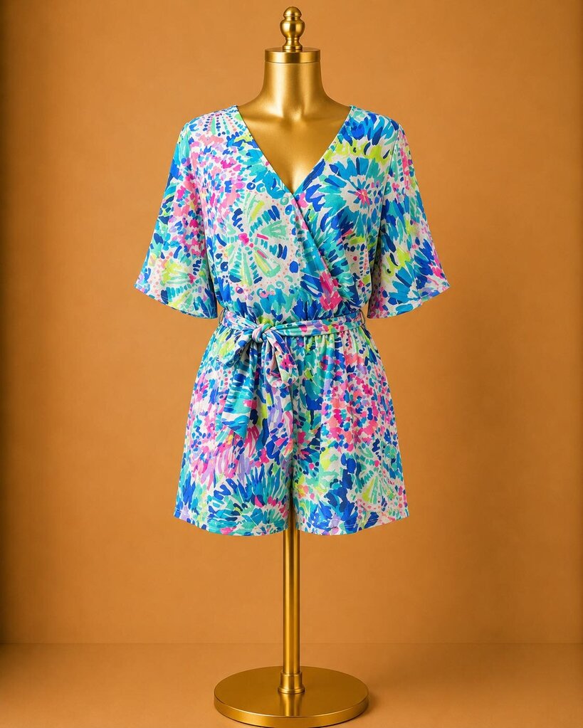 Sm Lilly Pulitzer S/S Madilyn Romper Wrap Style Vibrant Tye Look