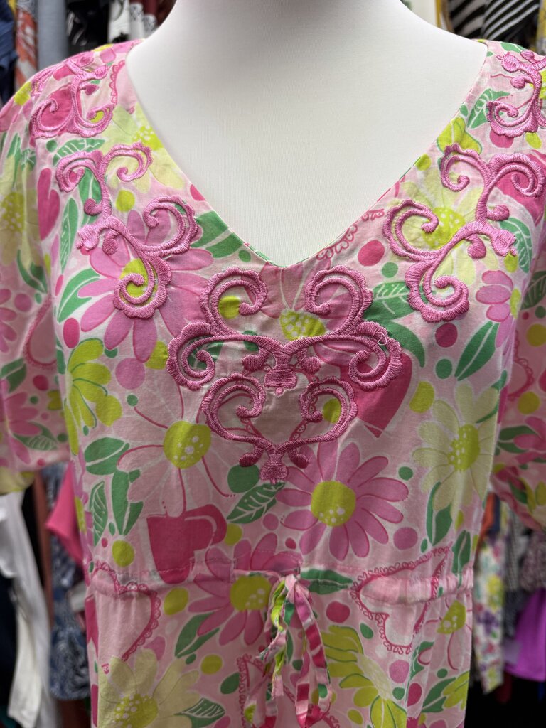SM Lilly Pulitzer VTG S/S Embroidered Cotton Floral Cinch Waist Cover Up Dress