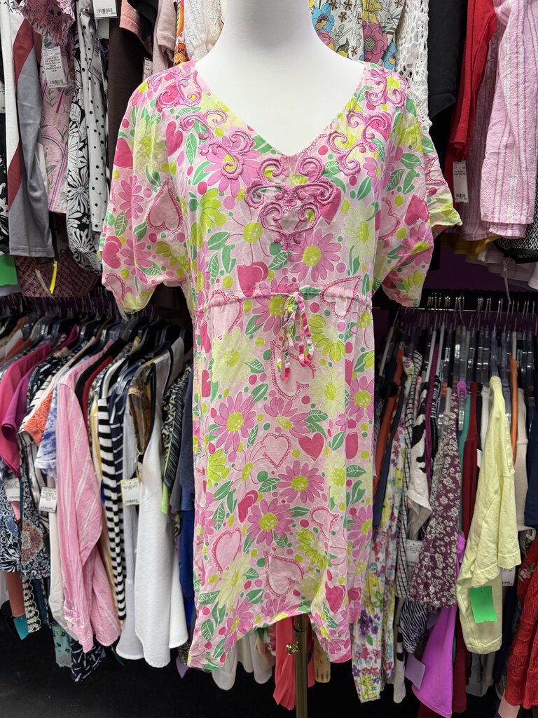 SM Lilly Pulitzer VTG S/S Embroidered Cotton Floral Cinch Waist Cover Up Dress