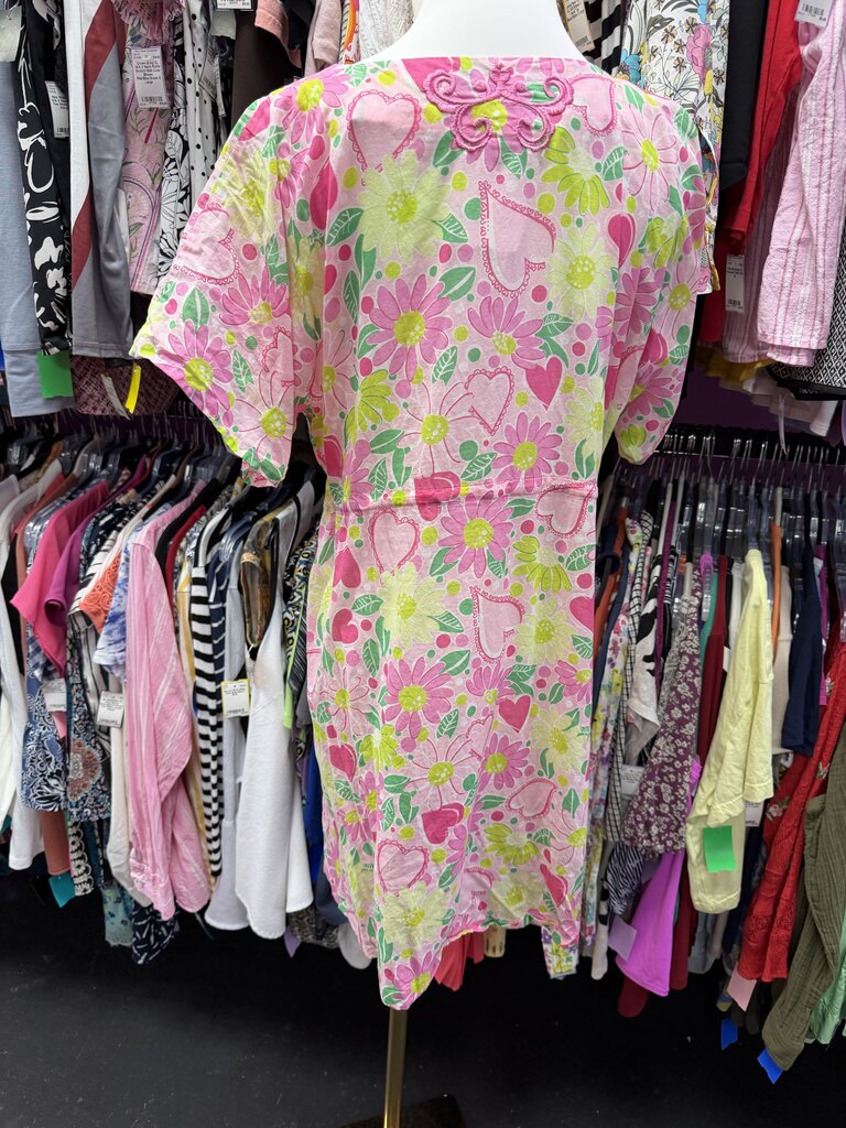 SM Lilly Pulitzer VTG S/S Embroidered Cotton Floral Cinch Waist Cover Up Dress