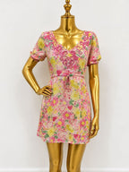 SM Lilly Pulitzer VTG S/S Embroidered Cotton Floral Cinch Waist Cover Up Dress