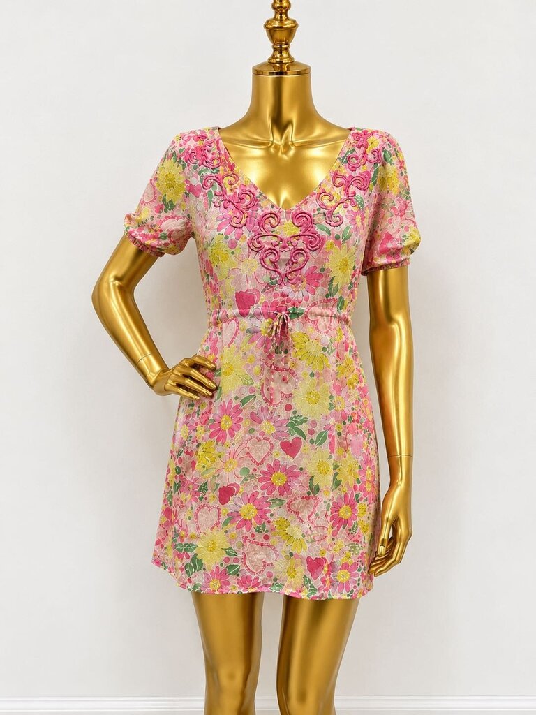 SM Lilly Pulitzer VTG S/S Embroidered Cotton Floral Cinch Waist Cover Up Dress