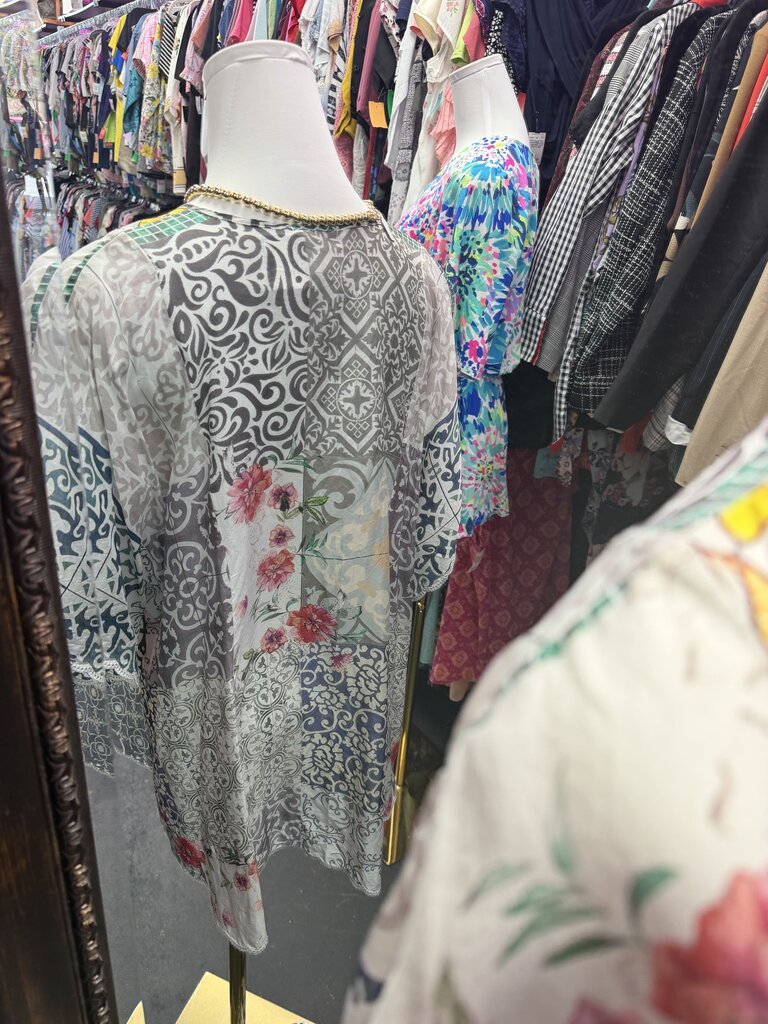 MD Johnny Was Silk Tunic Vibrant Patchwork Geometric Floral Pattern
