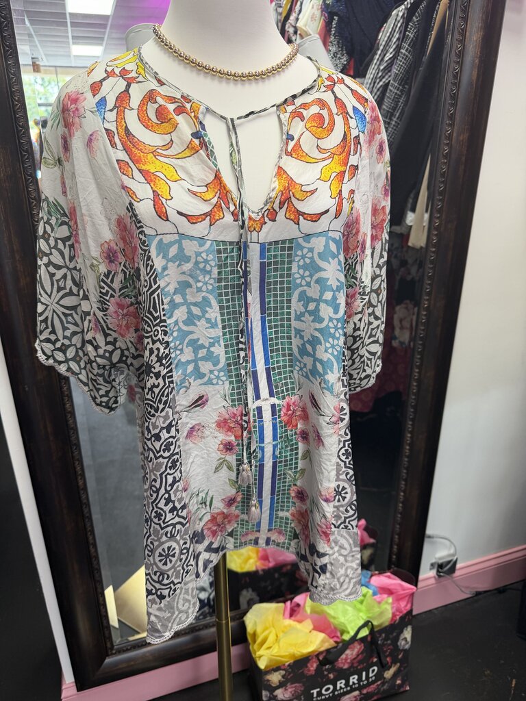 MD Johnny Was Silk Tunic Vibrant Patchwork Geometric Floral Pattern