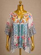 MD Johnny Was Silk Tunic Vibrant Patchwork Geometric Floral Pattern