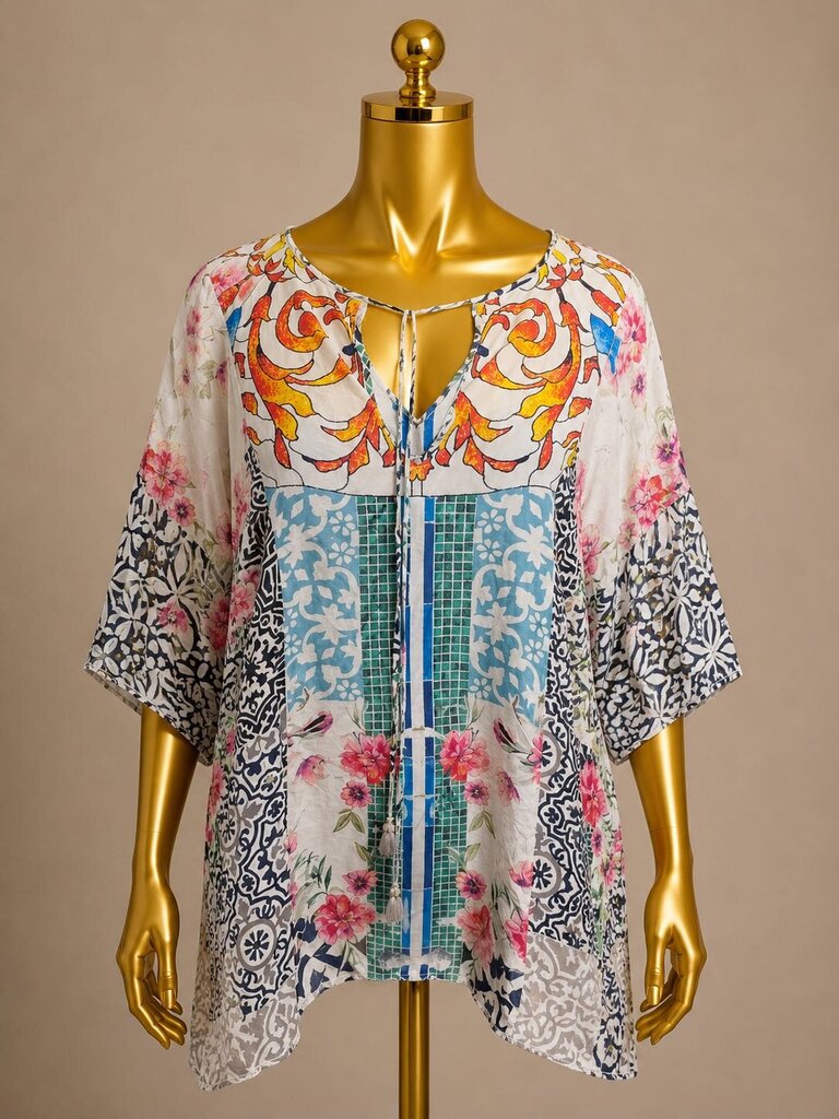 MD Johnny Was Silk Tunic Vibrant Patchwork Geometric Floral Pattern