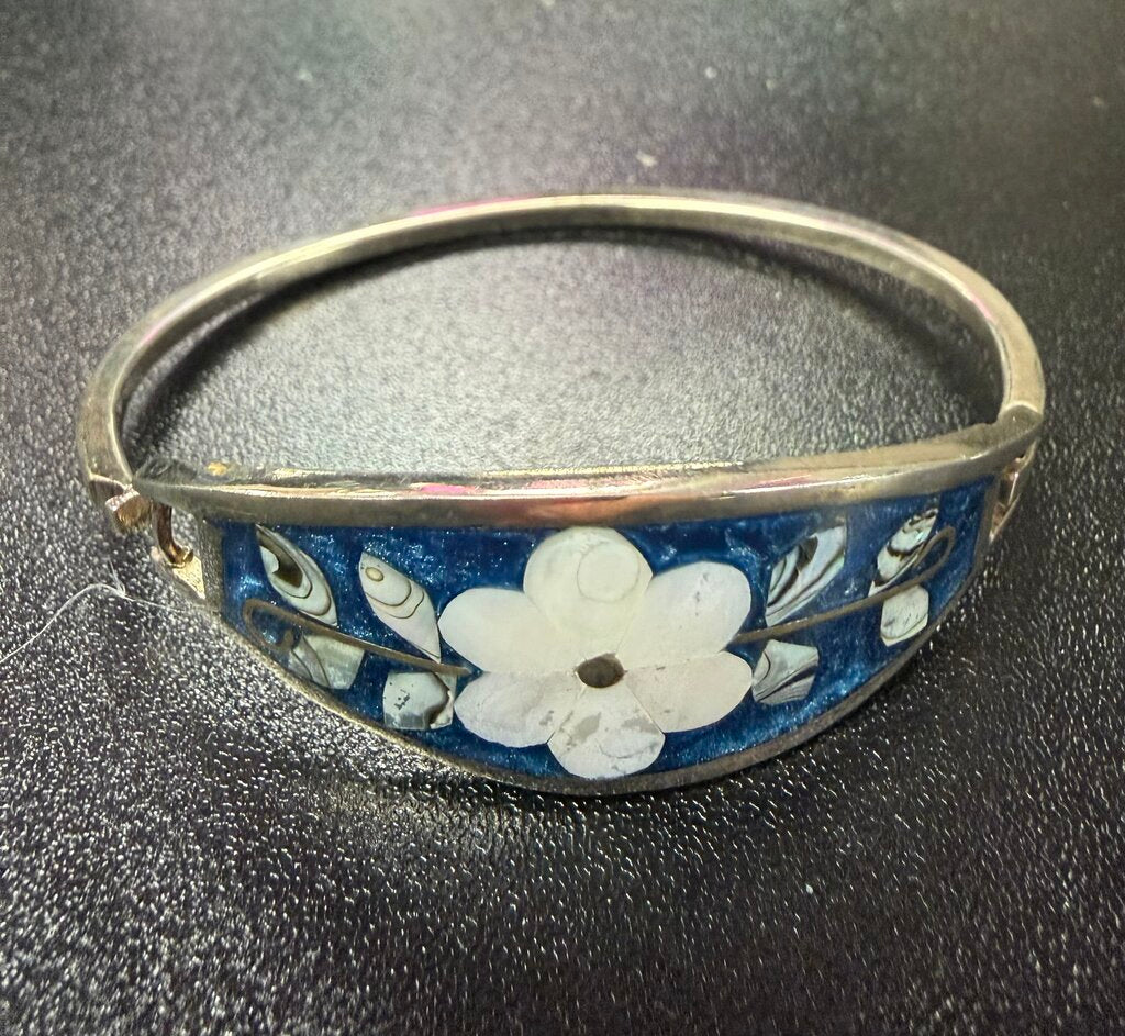 925 Alpaca Mexico Hinged Bangle Bracelet Blue Enamel Abalone-Mother Of Pearl Floral Inlay