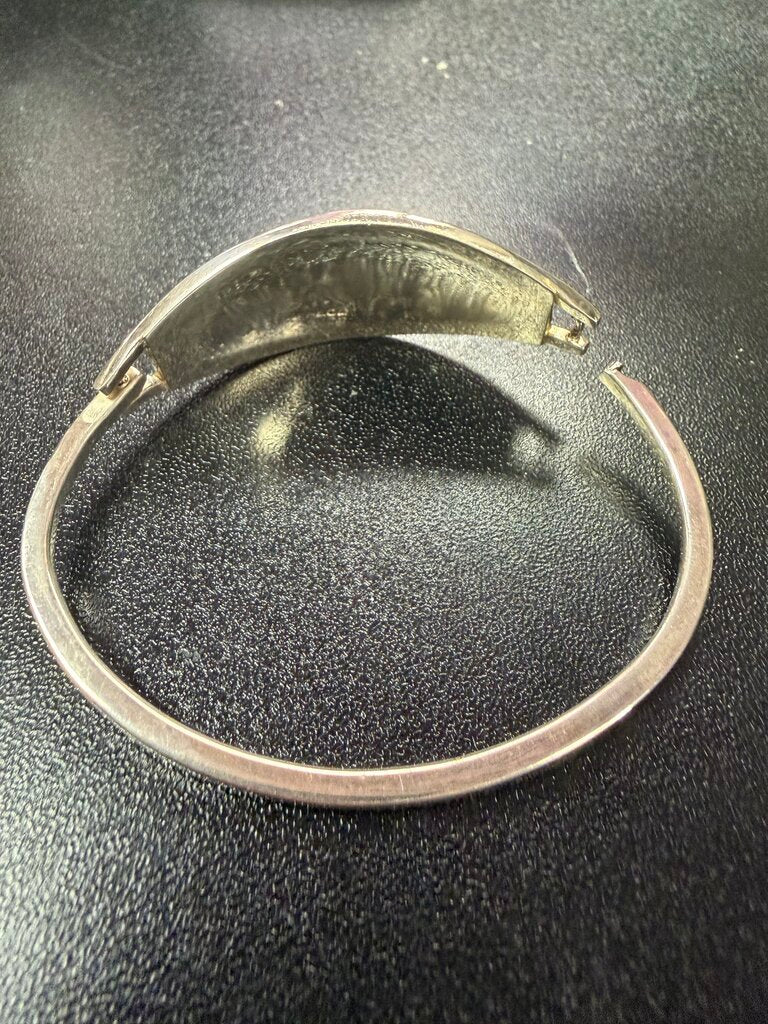 925 Alpaca Mexico Hinged Bangle Bracelet Blue Enamel Abalone-Mother Of Pearl Floral Inlay