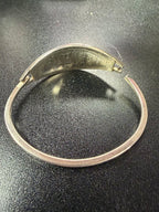 925 Alpaca Mexico Hinged Bangle Bracelet Blue Enamel Abalone-Mother Of Pearl Floral Inlay
