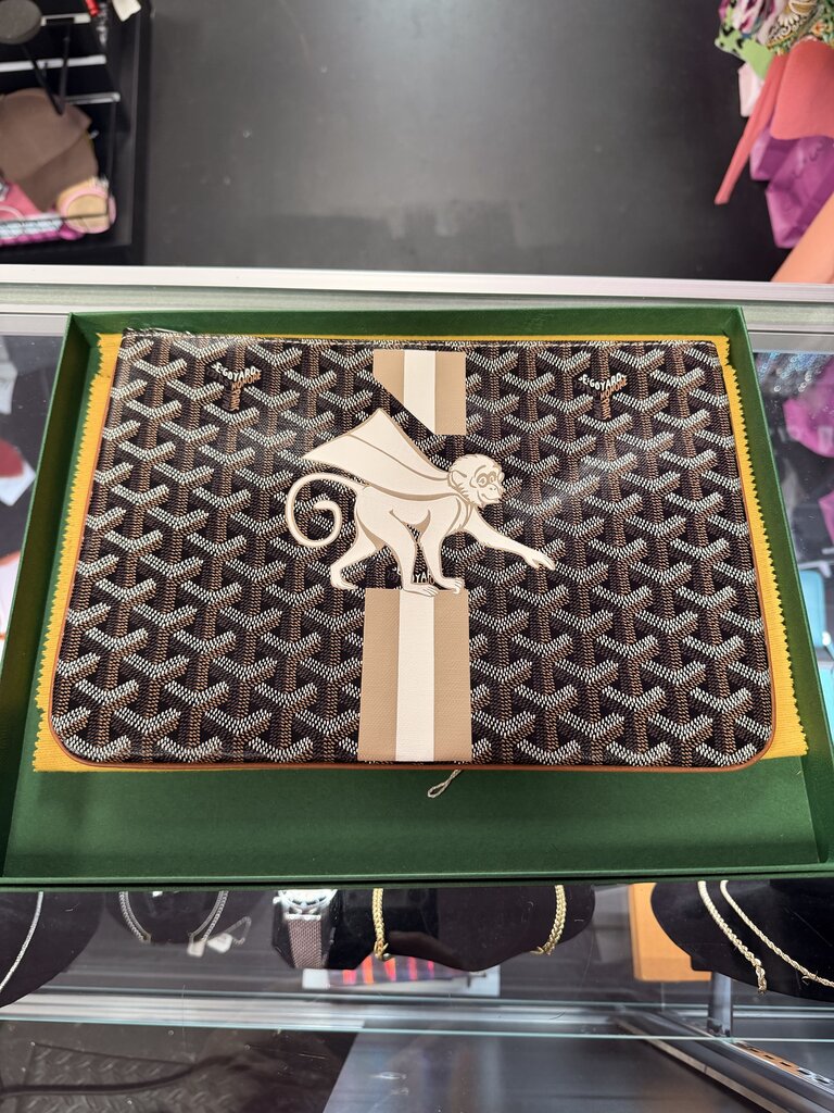 Goyard Marquage Senat MM Pouch Limited Edition Custom Hand Painted Monkey Design and Signature Goyardine Canvas