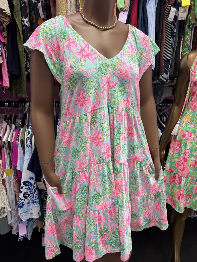 XL/14 Lilly Pulitzer Lorina V-Neck Tiered Swing Silhouette Vibrant Pink Green