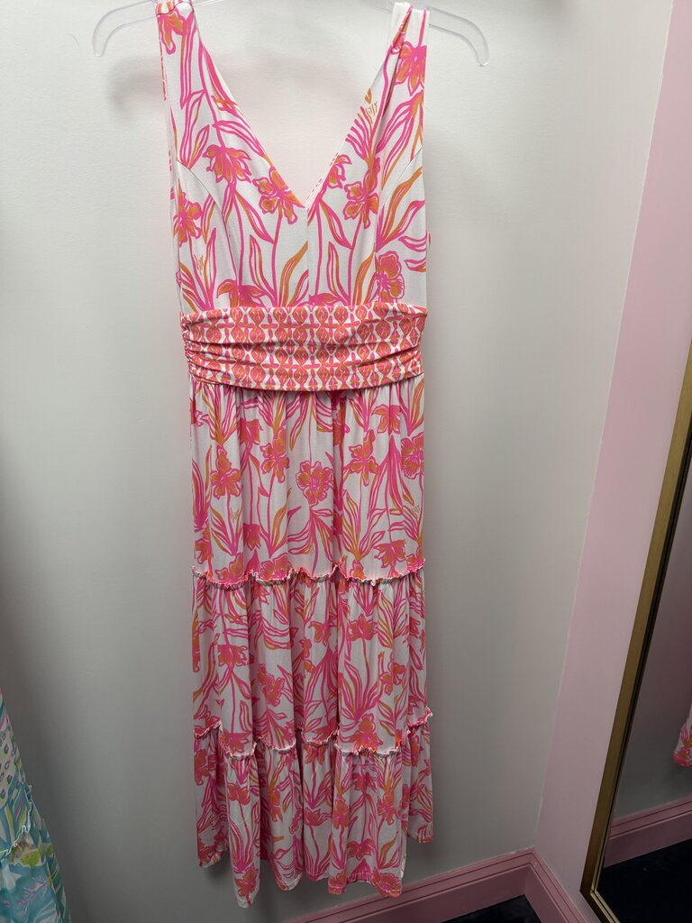 SM Lilly Pulitzer Skylar Midi Dress In Lovely long Stems Print Rouched Waist band Maxi Dress