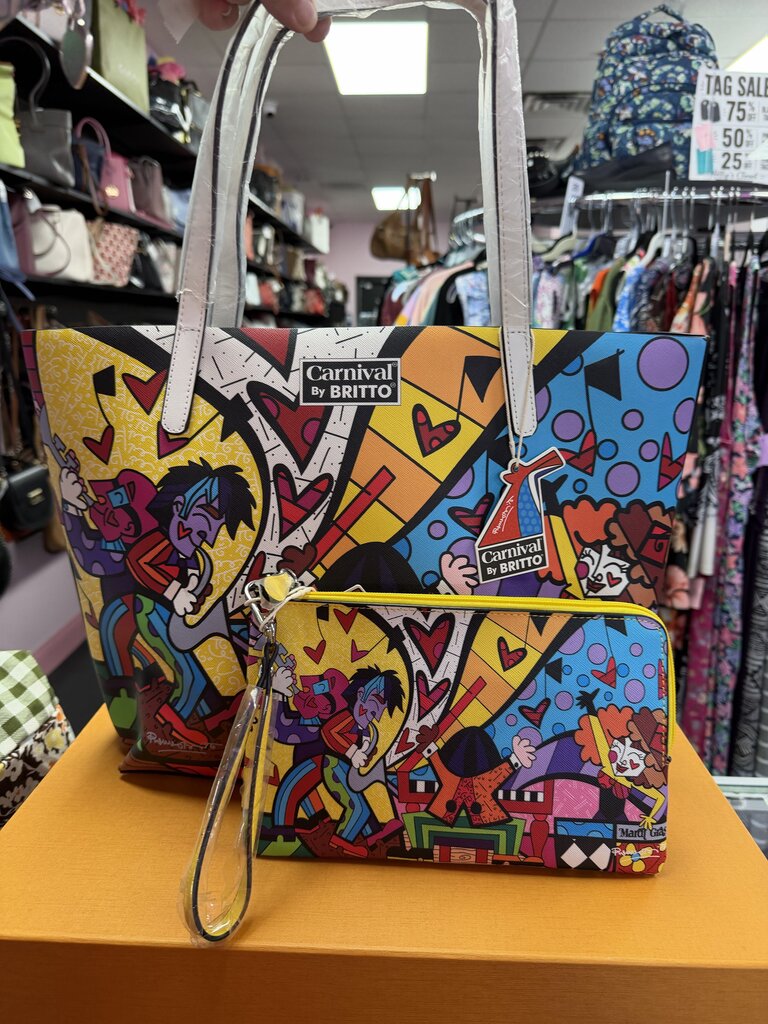 Romero Britto Music II Limited Edition Tote W/ Yellow Wristlet Art NWT Rare