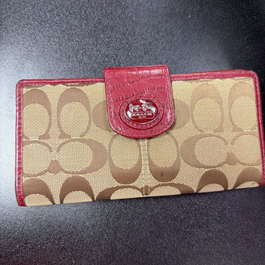Coach Hampton Rare Signature Wallet Khaki Canvas Croco Embossed Trim