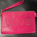 Michael Kors Medium Gusset Wristlet Ultra Pink Leather Love Studded Detail
