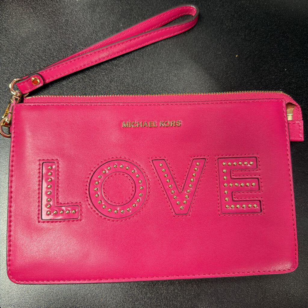 Michael Kors Medium Gusset Wristlet Ultra Pink Leather Love Studded Detail