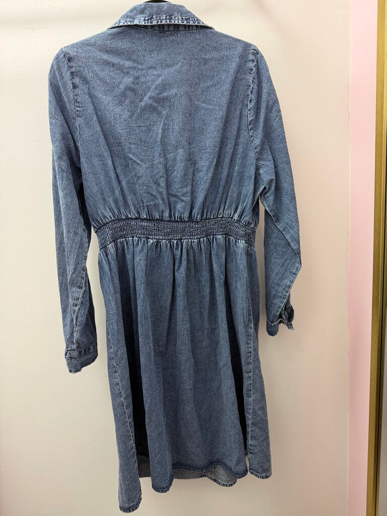 14/16 L/S Collared V Neck Shirred Waist Detail Denim Dress
