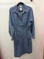 14/16 L/S Collared V Neck Shirred Waist Detail Denim Dress