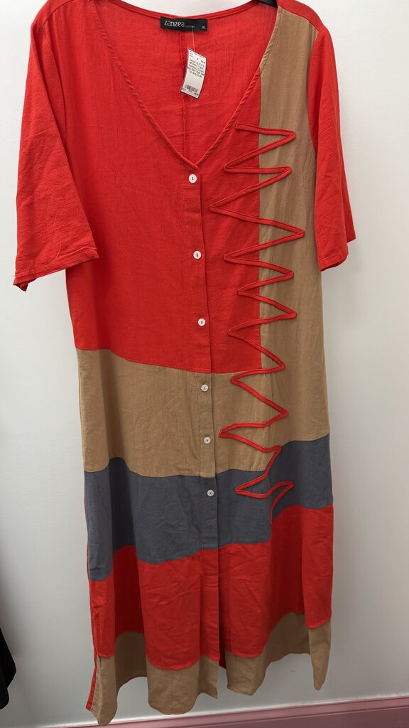 XL/14 S/S BF Boho V Neck Colorblock Cotton Maxi Shirt Style