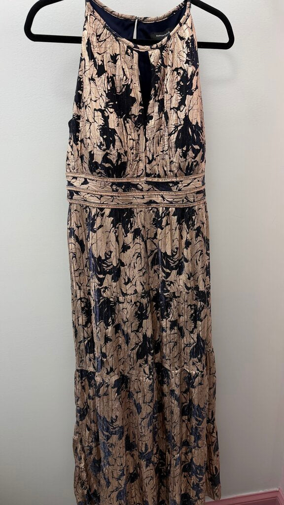 14 Halter NWT Floral Metallic Sparkle Keyhole Rhinestone waist Detail Maxi