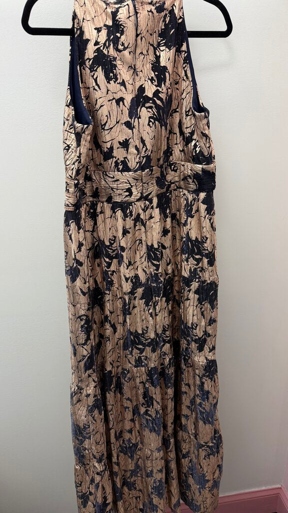 14 Halter NWT Floral Metallic Sparkle Keyhole Rhinestone waist Detail Maxi