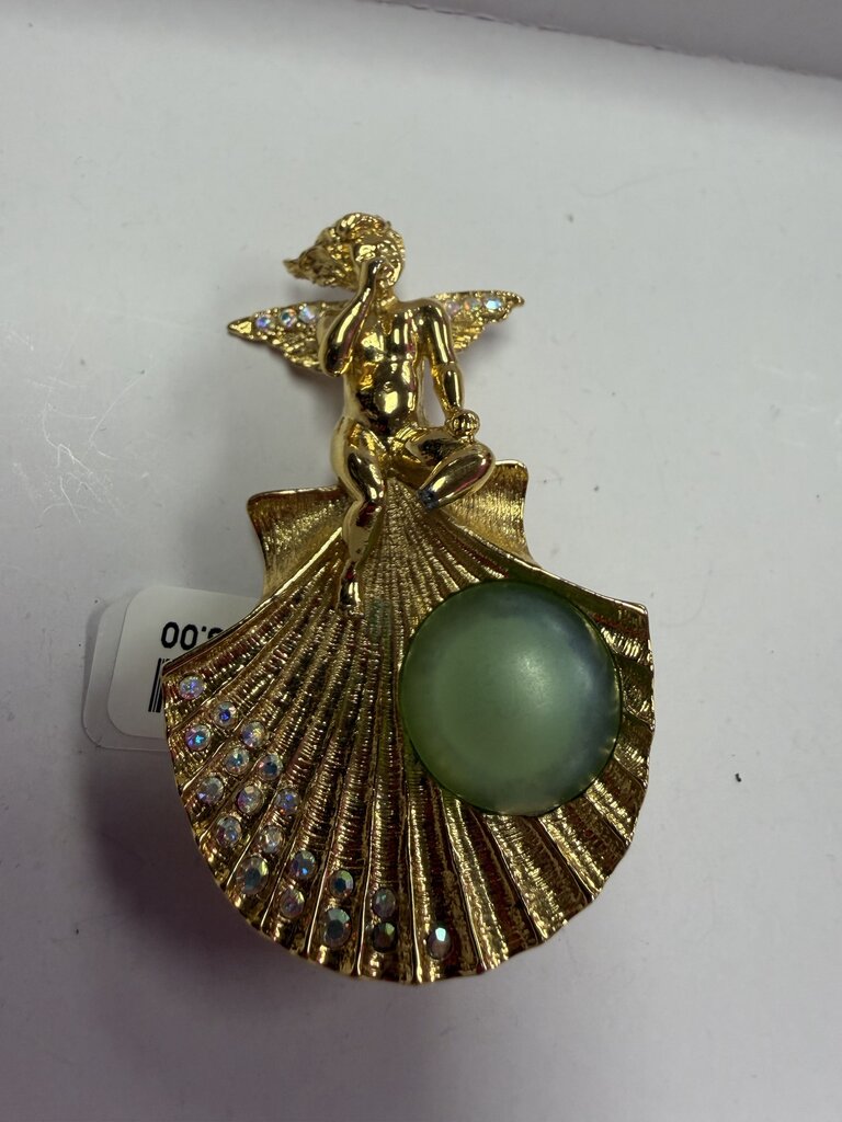 Kirks Folly Cherub on Shell Aurora Borealis Rhinestones Seafoam Cabochon "Pearl"