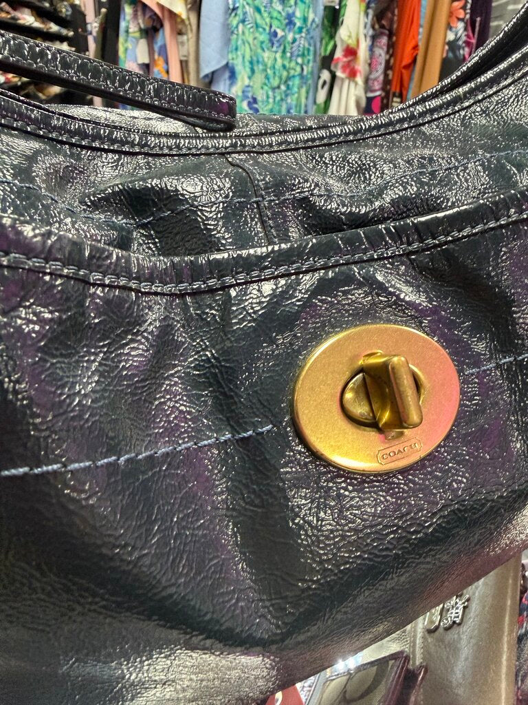 Coach Ergo Patent Leather Hobo Turnlock Exterior Pocket Dark Teal