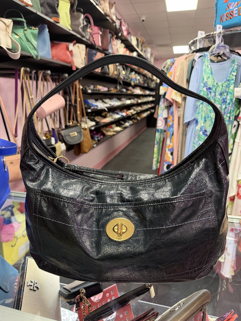 Coach Ergo Patent Leather Hobo Turnlock Exterior Pocket Dark Teal