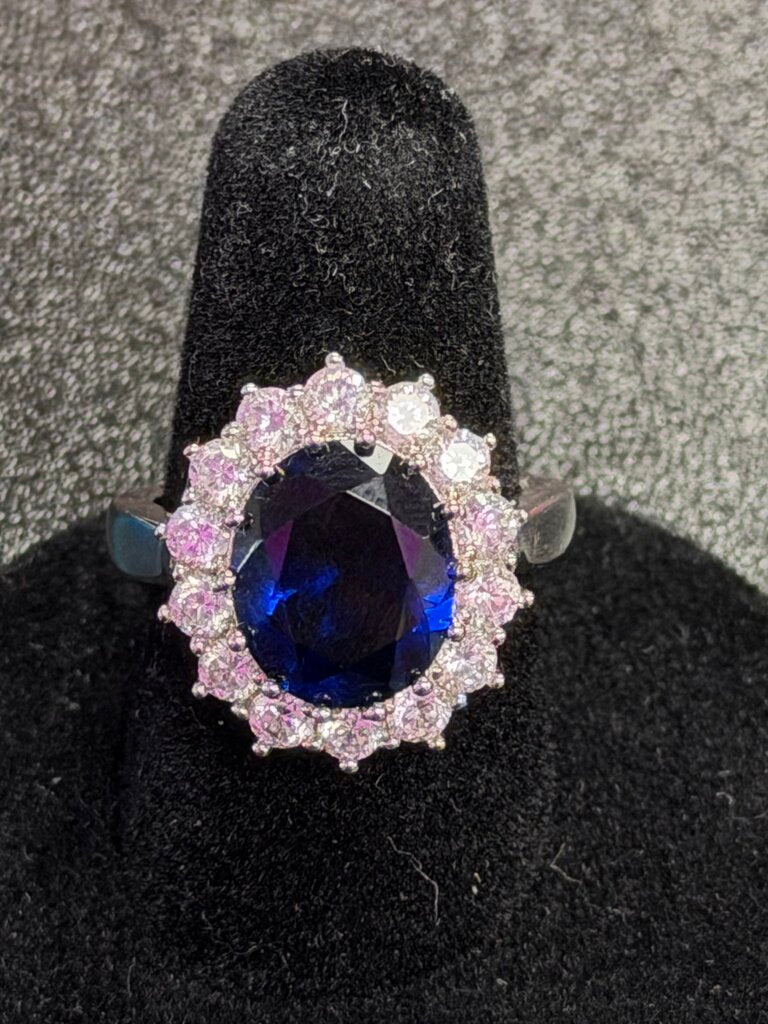 925 INT India Lab Sapphier Halo CZ Cocktail Ring