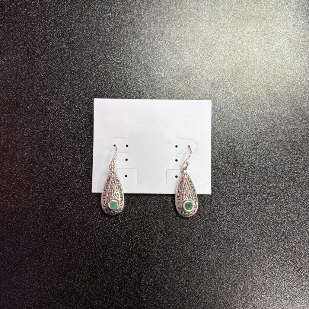 925 LNT India Lab Emerald Fish Hook Scroll Earring
