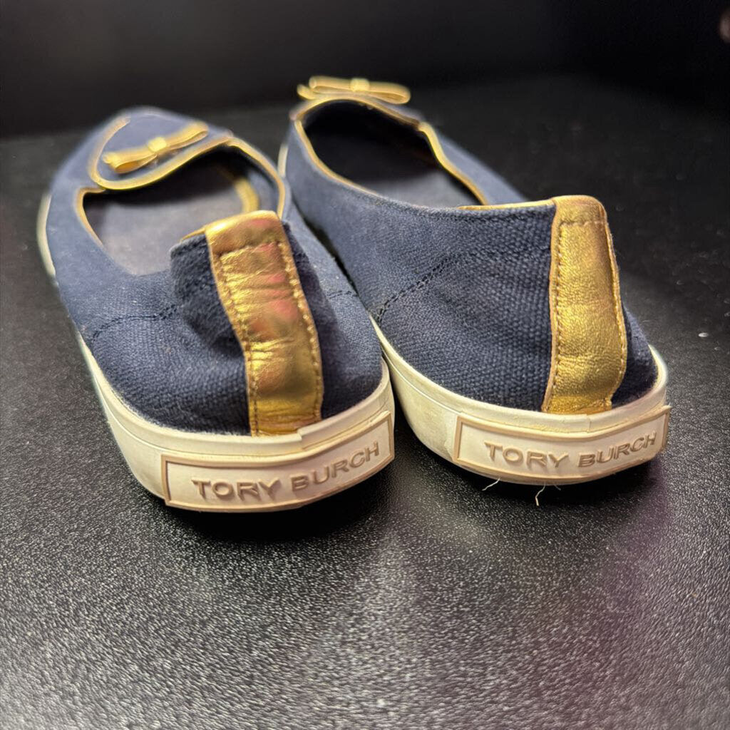 7.5 Tory Burch Dakota Flats Navy Canvas Gold Pipingh Matching Bow