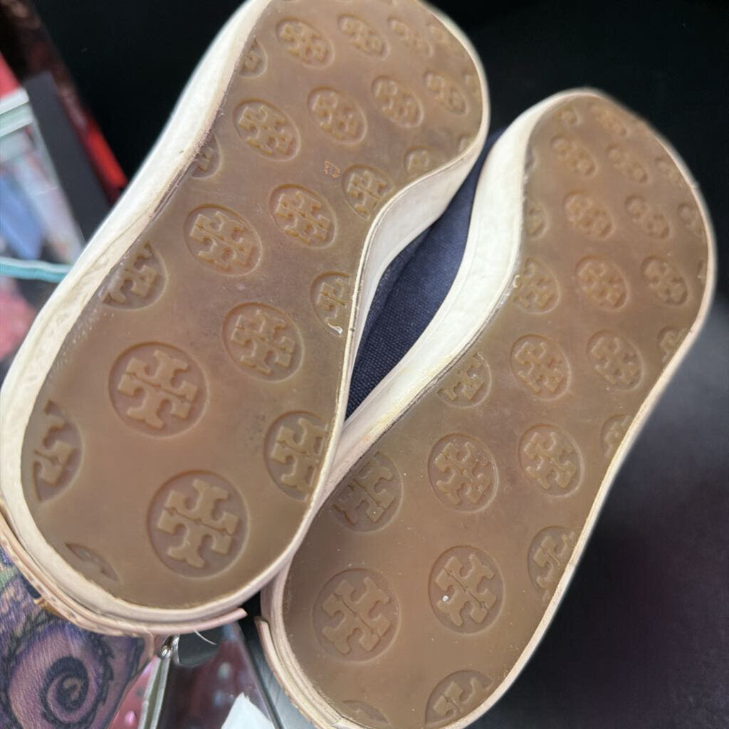 7.5 Tory Burch Dakota Flats Navy Canvas Gold Pipingh Matching Bow