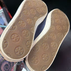 7.5 Tory Burch Dakota Flats Navy Canvas Gold Pipingh Matching Bow