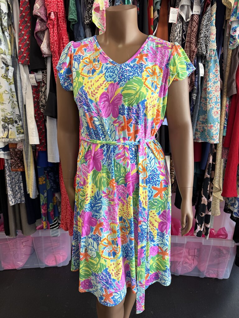 XL S/S Vibrant Floral Starfish Belted Dress