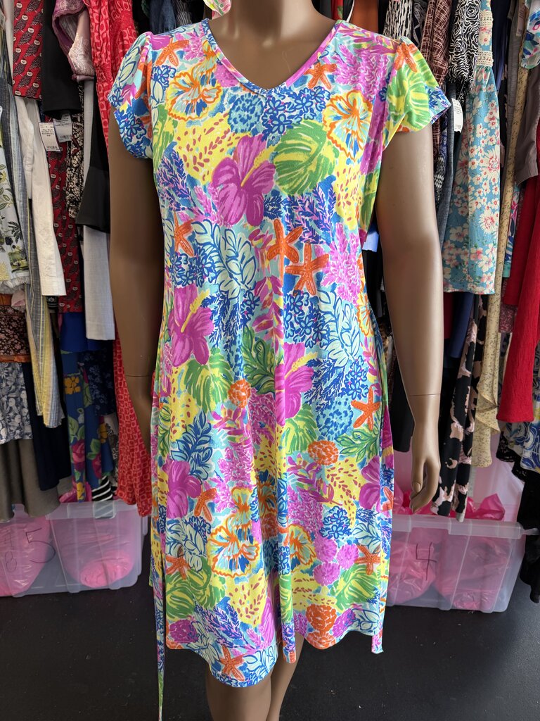 XL S/S Vibrant Floral Starfish Belted Dress