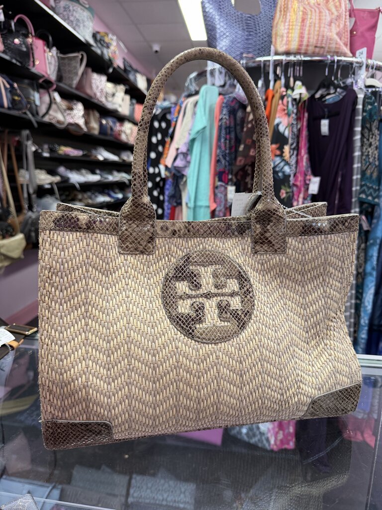 Tory Burch Snake Embossed Ella Tote Bag Straw Large