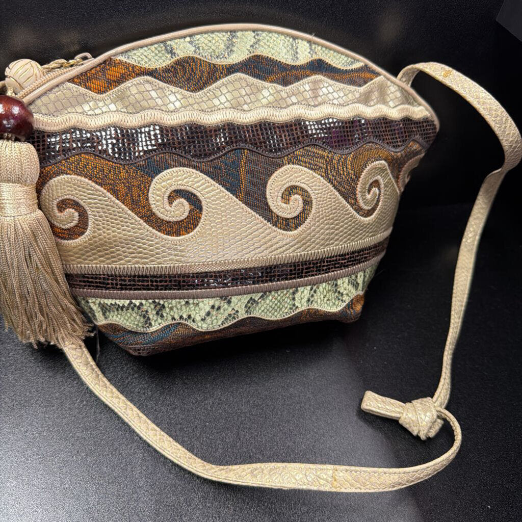 Sharif Vtg Woven Patchwork Swirls Retile Tassel Crossbody