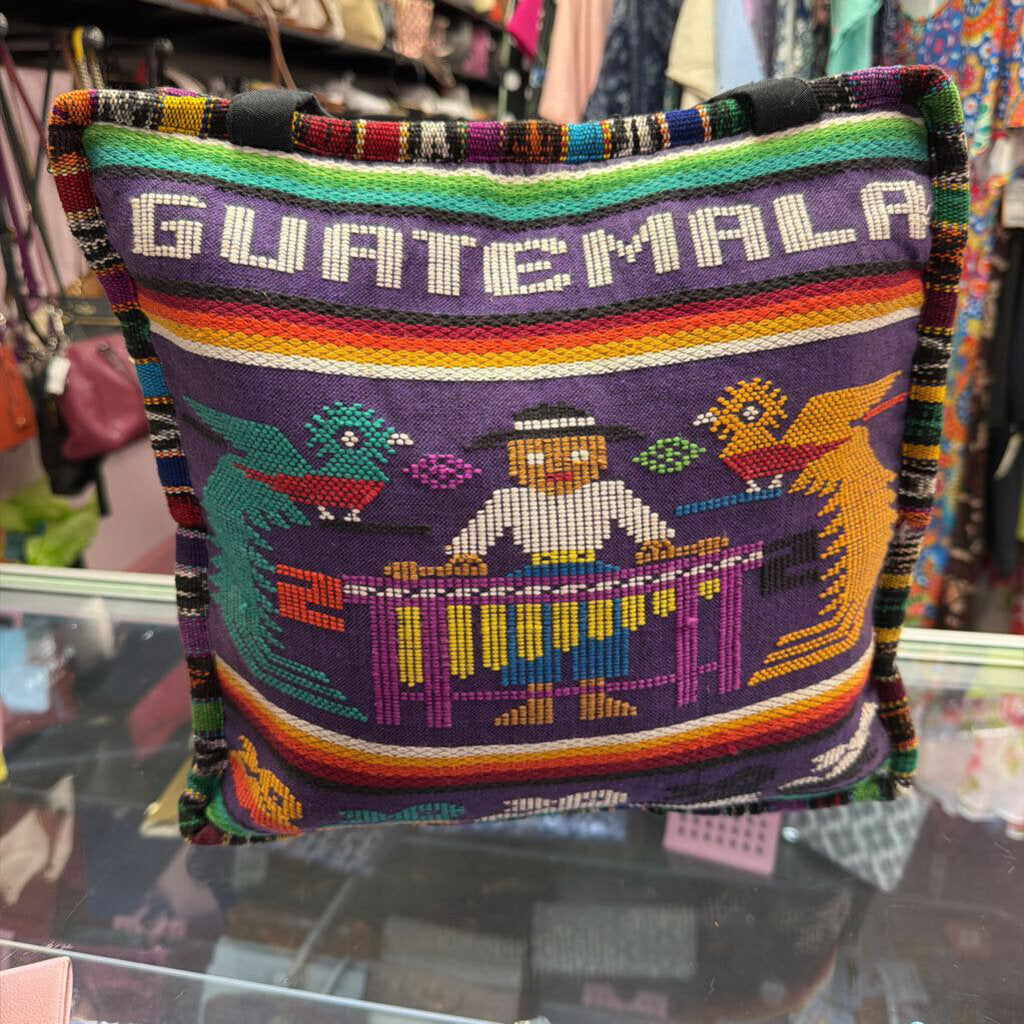 Unknown Guatemalan VTG Handcrafted Woven Marimba Player & Quetzal Birds Padded Zip Close Tote