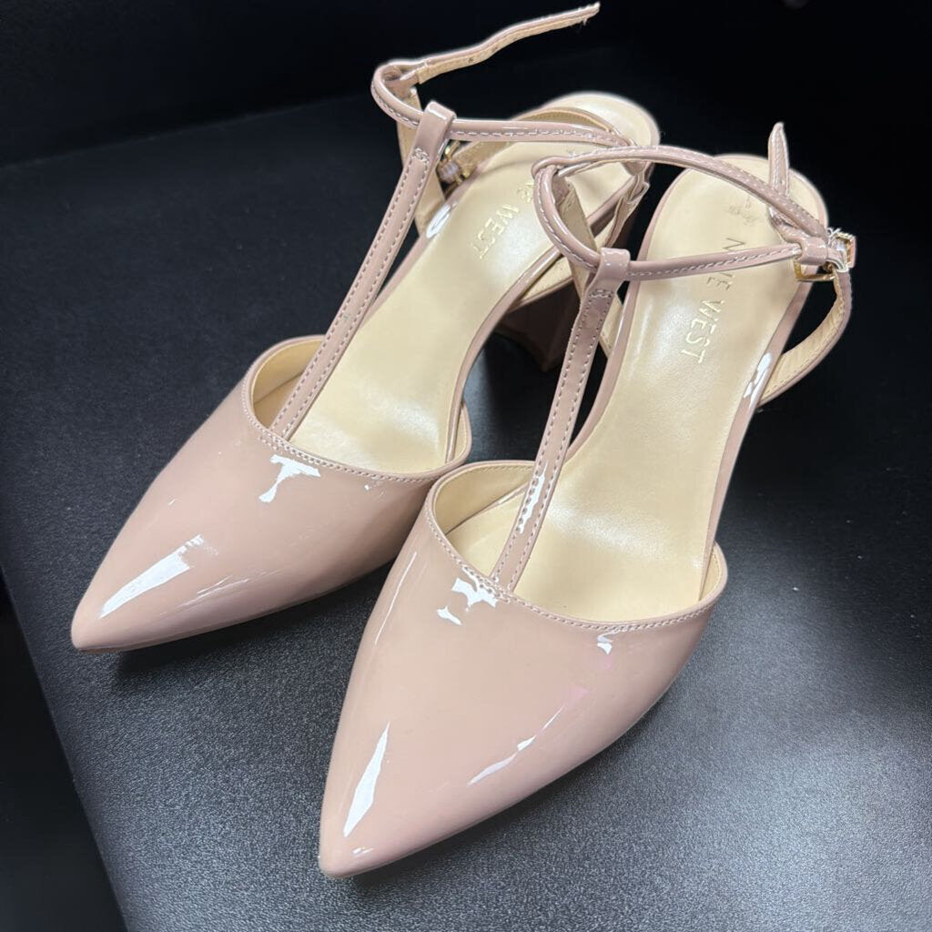 6.5 Nine West Pointed Patent Ankle Strap Block Heel